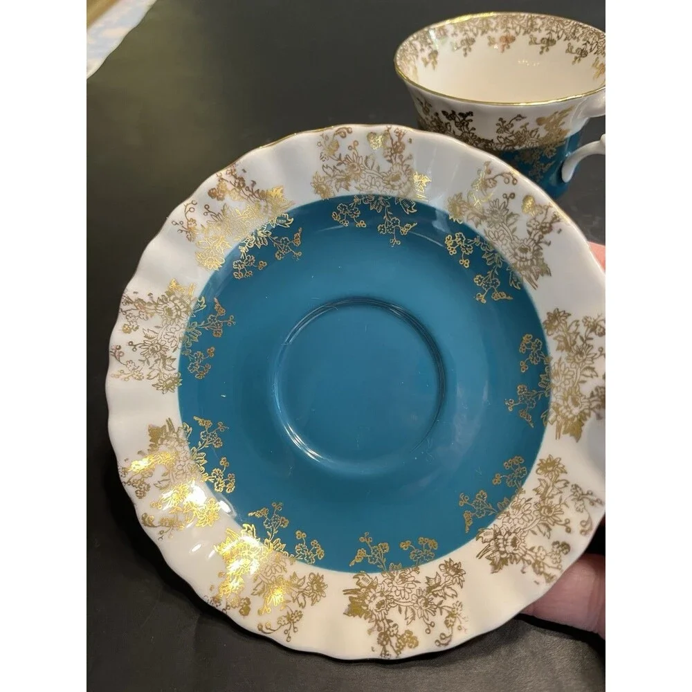 Royal Albert Regal Series Teal Blue w Gold Accents Tea Cup & Saucer Set England
